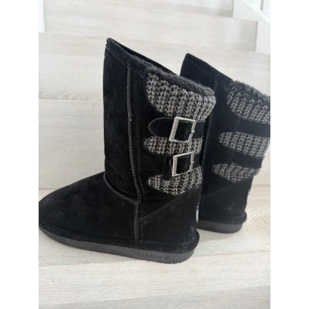 Bearpaw Boshie Black Suede Knit Sheepskin Wool Buckle Boots Youth Size 5